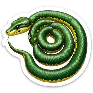 A photo-realistic top-down view of a Green Anaconda tightly coiled in a spiral, with its broad, flat head resting at the center. Its thick, muscular body is olive-green and covered in symmetrical, bold black oval spots that stand out against its smooth scales, creating striking natural camouflage. sticker