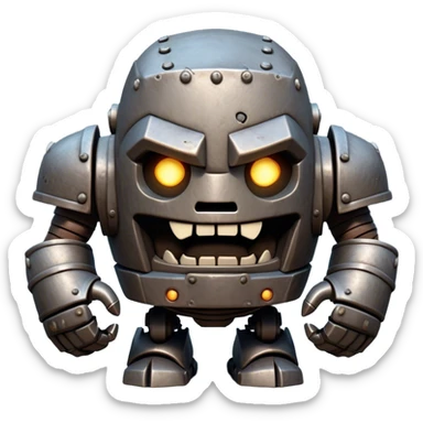 Cinematic Comical Mighty Iron Golem Portrait Emoji Head tilted dramatically with an exaggeratedly amused expression, featuring a bulky, armored form with a slightly lopsided stance, ancient runes flickering erratically, and one massive, jointed hand raised in a slow, deliberate wave. Wide, expressive glowing eyes give it an almost humorous, puzzled look, as if it’s contemplating something far beyond mortal understanding. Rendered with detailed metallic textures and deep, dynamic lighting, high shine, dramatic yet whimsical, styled with a hint of unexpected charm, soft glowing outline, capturing the essence of an endearing yet colossal guardian that looks ready to crack an impossibly slow, earth-shaking joke! sticker