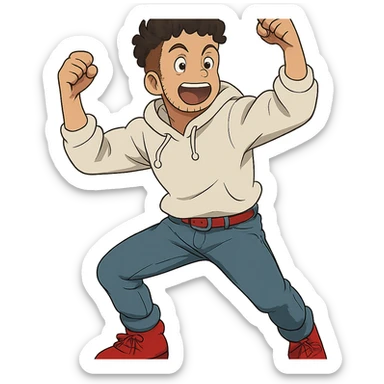 1 male, mid fade haircut dark chestnut brown curly hair, toasted lightskin, white hoodie sleeves up, fashion jeans, red fashion-sneakers shoes, red belt, short trimmed beard and goatee,  style of deku from "my hero academia", doing a "hype" pose sticker