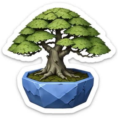 very old broken 35-sided polyhedron-shaped shallow dark moss rough bark blue maple tree bonsai pot sticker