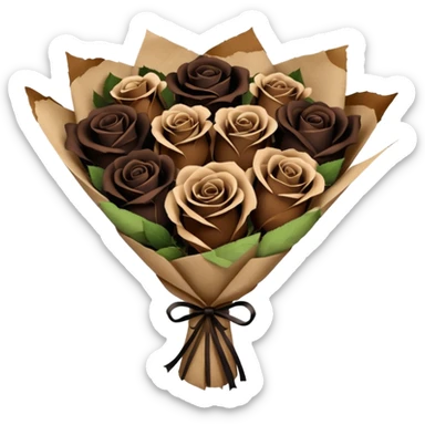 boquete of brown and black roses in a paper package sticker