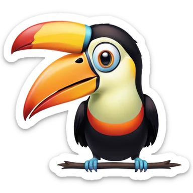 Cinematic Comical Toucan Portrait Emoji, Head tilted dramatically with an exaggeratedly shocked expression, featuring a boldly colored beak and wide, comically expressive eyes full of humorous disbelief, Simplified yet hilariously expressive features, highly detailed, glowing with a slightly sassy tropical glow, high shine, dramatic yet playful, stylized with an air of quirky exotic attitude, soft glowing outline, capturing the essence of a meme-worthy toucan that looks ready to side-eye its way into viral fame! sticker