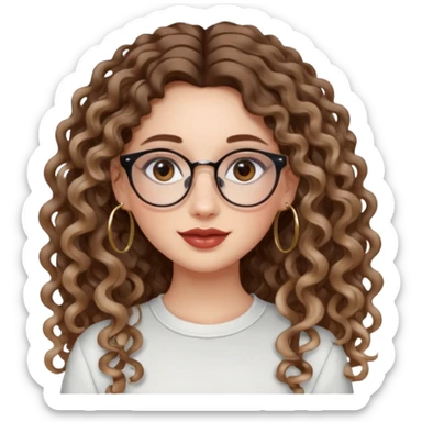 cute whilte girl with not volominous VERY LONG curly hair with balayage, brown eyes, full lips, natural clean girl makeup and hoop earrings and glasses sticker