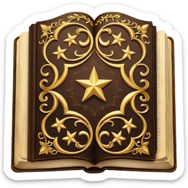 An open, ornately decorated book rendered in a highly detailed. The book's cover, framed with a broad, golden border, is a rich, dark brown, embellished with intricate golden filigree designs, including scrolling vines and decorative stars. sticker