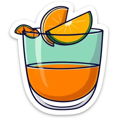 small transparent glass with layered carajillo - yellow-orange liquor visible at bottom, coffee layer on top, with cantaloupe melon slice alongside sticker