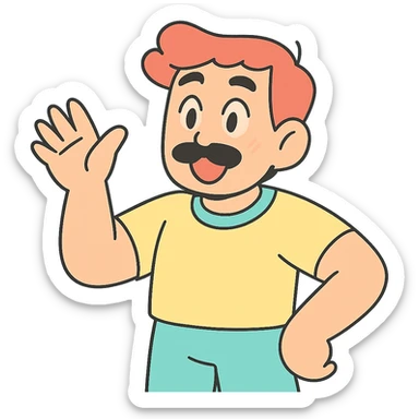 asian man with black mustache and red hair, 90's anime style, pastel toon style sticker