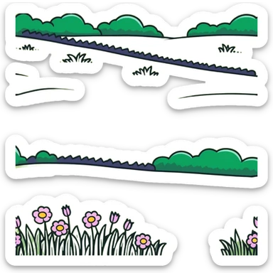a simple grassy field with a few flowers, cartoonish sticker style sticker