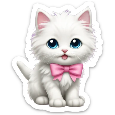 cute white fluffy kitten with pink bow sticker