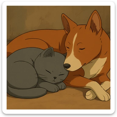 A gray British Shorthair cat curled up and sleeping next to a red Basenji dog sticker