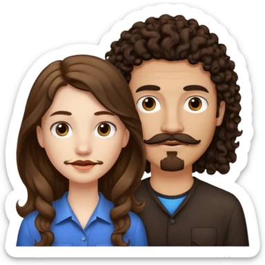 Couple emoji: girl is pale with brown straight long hair and boy is tan with black curly hair with a mustache and a goatee sticker