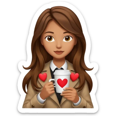 Un emoji de una chica con el pelo castaño y largo y suelto así como vestida como una that Girl y un café con dibujo de corazón y una cama aesthetic modo vida perfecta sticker