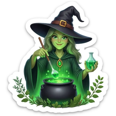 green witch cooking potion sticker