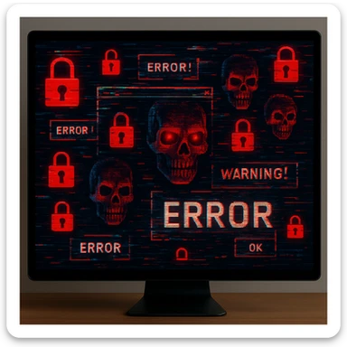 A computer screen overflowing with glitchy error messages, red padlocks, and menacing digital skulls, symbolizing a cyber security nightmare. sticker