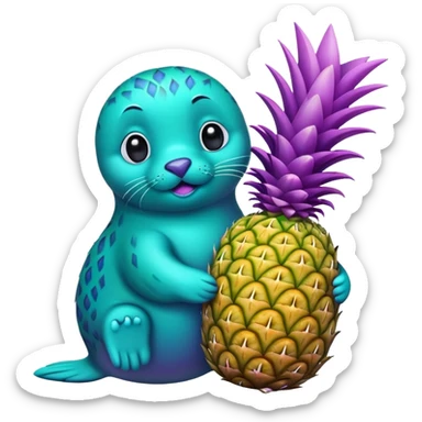 seal that is teal and holding a pineapple that is purple sticker