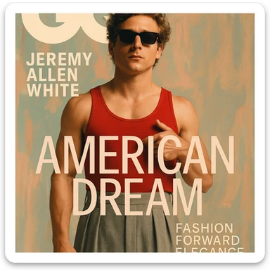 Create a GQ Magazine cover featuring Jeremy Allen White based on the provided photograph. The design should be stylish and modern with a bold typography and a fashion-forward, elegant color palette. Focus on a sophisticated magazine layout that highlights the subject prominently. sticker