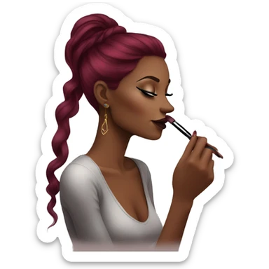 Beautiful tattooed burgundy long haired woman doing her makeup sticker
