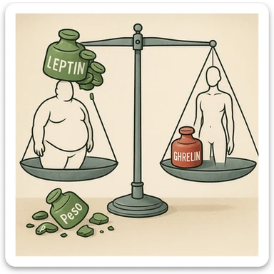 clinical illustration of a balance scale with leptin in green and ghrelin in red; obese side with overflowing leptin, scale stationary, broken leptin weights labeled 'Peso' on the floor; normal weight side with balanced scale; endocrinology style, 4K resolution sticker
