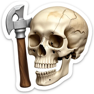 An icon featuring a human skull and fossilized bones, symbolizing the study of anthropology. The design includes archaeological tools like a pickaxe and brush, with a background of ancient artifacts and a globe. Transparent background emphasizes the exploration of human history and evolution. sticker