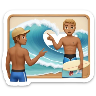 icon of a surf instructor teaching, pointing to a whiteboard with a wave in the center. Below the board are two avatars with their backs turned, looking at the board. sticker