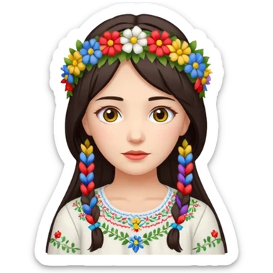 Ukrainian woman in a white embroidered shirt with dark hair in a wreath of flowers with multicoloured ribbons on her head sticker