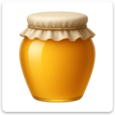 Create an emoji with no face that looks exactly like the reference image. The style should be iOS emoji style: 3D, shiny, smooth gradients, soft shadows, realistic honey jar shape with a cloth lid, no face. Add a glossy effect to the glass. sticker