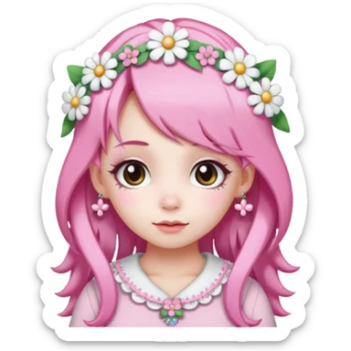 A girl with pink and white hair, adorned with flowers as hair accessories, wearing My Melody clothing. sticker
