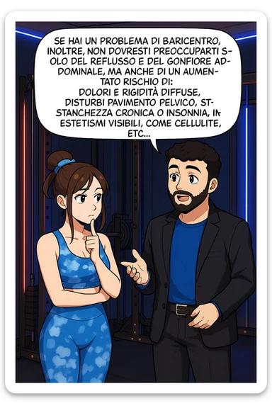 TRASFORMA QUESTO CAROSELLO IN UN FUMETTO STILE WEBTOON/MANGA A COLORI CON QUESTE DUE PERSONE IDENTICHE CHE INTERLOQUISCONO TRA LORO, L'uomo sta spiegando alla donna questo concetto MENTRE LA DONNA SI TIENE L'INDICE SUL MENTO ASCOLTANDOLO PENSIEROSA:

Se hai un problema di baricentro, inoltre, non dovresti preoccuparti solo del reflusso e del gonfiore addominale, ma anche di un aumentato rischio di:
    • dolori e rigidità diffuse
    • disturbi pavimento pelvico
    • stanchezza cronica o insonnia
    • inestetismi visibili, come celluluite
    • etc… sticker