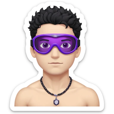 shirtless male athlete with white skin and moderately curly black hair on top with shaved sides, wearing ski goggles with purple frames/outline and very dark heavily tinted black lenses that completely hide the eyes, and a simple plain black chain necklace, no earrings sticker