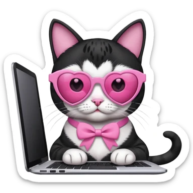 Black and white cat with pink ribbon and black cool sunglasses doing pink computer with pink heart sticker