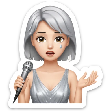 A female singer in sparkling dress holding a mic with emotional expression sticker