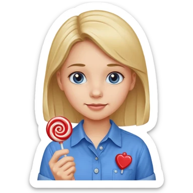 girl in a blue button-up shirt loving candy sticker