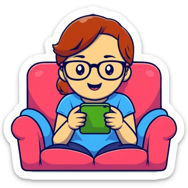 A cute young girl with glasses sitting on a couch, happily playing a mobile phone game with a cheerful expression sticker