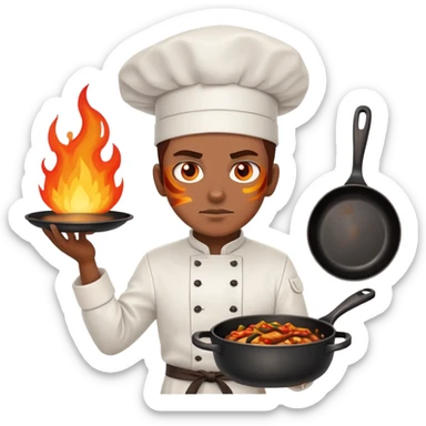 proud chef with blazing fire eyes, crossing two skillets across chest like a warrior sticker