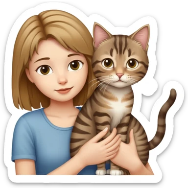 A girl holding a long-haired tabby cat and a short-haired tabby cat sticker