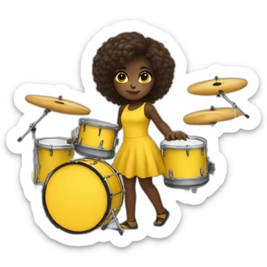 cute girl in yellow dress dark skin with yellow eyes and dark curvy hairs plays on drums sticker