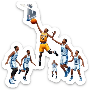 An icon featuring a basketball court with players in action, inspired by NBA 2K25. A player jumps for a dunk, with the ball mid-air. Bright lights illuminate the court, symbolizing the excitement of sports simulation games. Transparent background emphasizes the energy. sticker