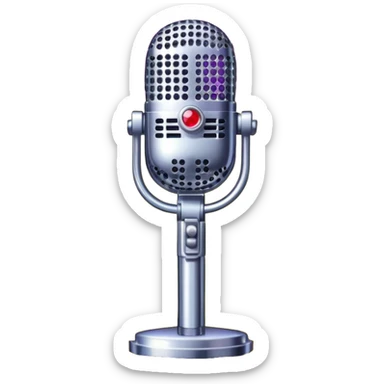 Create a glamorous and vibrant emoji representing stage vocal performance. The design should feature a humanless collage of classic vintage microphone, stage costume covered in rhinestones, large scene speakers, scene lights. The costume should be stylized, with glittering elements like sequins and sparkles, and reflect the glitzy, extravagant nature of show business. The microphone should have a sleek, retro look with chrome or metallic accents. Use rich, dazzling colors like gold, silver, deep purple, and bright red to evoke the glamorous, larger-than-life feel of a stage performance. The background should be transparent. sticker