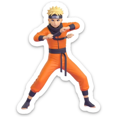 Naruto character in 3D cartoon style, spiky blond hair, orange jumpsuit, ninja headband, dynamic stance sticker