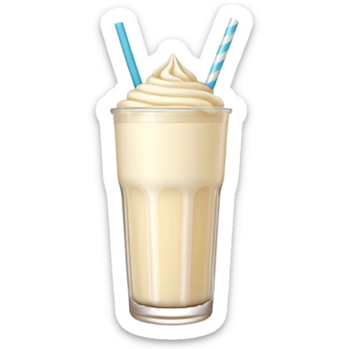 A 3D cartoon tall glass of vanilla milkshake with a straw, smooth creamy texture, light froth on top, subtle reflections, soft warm light, Memoji-style. sticker