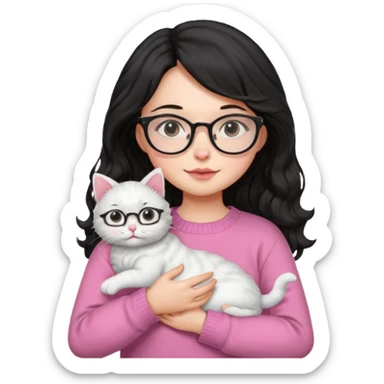 a girl with a black wavey hair, wearing a pink sweater and glasses, holding a cute white cat, only upper body, high quality. sticker