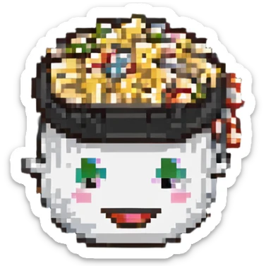 pixel art emoji of a popcorn bucket with a smiling face sticker