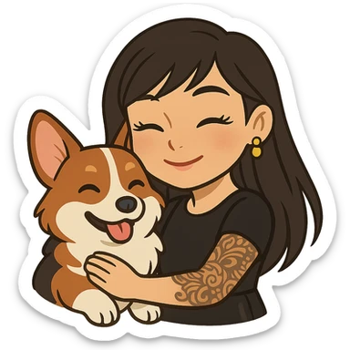 Ghibli-style emoji of an Asian girl with long hair and wispy deep side bangs, wearing a black leather dress, gold earrings, false lashes, and a 3/4 sleeve tattoo on her left arm, hugging a happy red head tri-color corgi, simplified, clear, emoji-like sticker