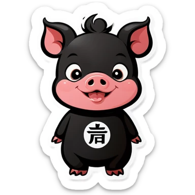 Cute baby black pig smiling wearing written 4 chinese character “福” sticker