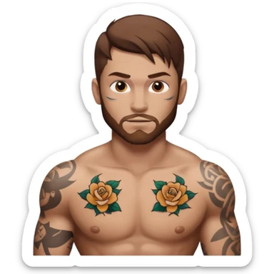 tattoo man, white skintone,brown hair, tattoos on face, more visible, bulky man with tattos on his chest. sticker