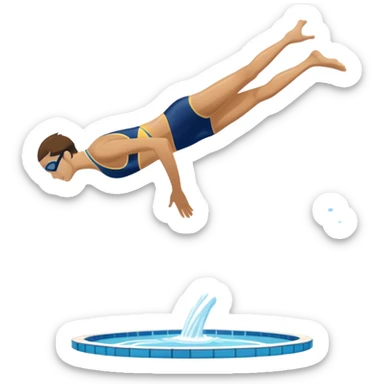 An icon featuring an athlete performing a graceful somersault mid-air, heading toward the water in a diving pool. The design includes water splashes and the diving platform, symbolizing the skill and precision of high diving. Transparent background highlights the elegance of the sport. sticker