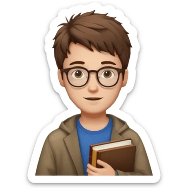 generate an ios genmoji of a fair 20 year guy with faint beard, spectacles, messy hair, books in hand sticker