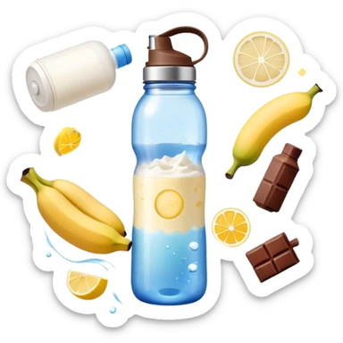 Ethereal daily routine galaxy: water bottle with lemon, sun, rice and chicken, banana and protein shake, dumbbell, yogurt cup, fruit and chocolate, and moon all floating as separate celestial bodies connected by magical stardust trails forming a system sticker