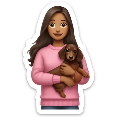 Brunette girl with long hair in a pink sweater holds a dachshund long haired puppy in her arms sticker