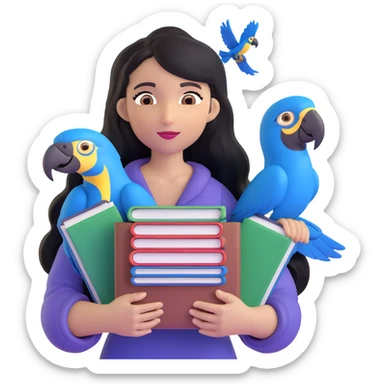 woman with long black hair and light brown skin, holding a stack of books in her arms, blue macaws flying around her, face as the focal point, with the arches of Atalaia Beach subtly in the background sticker