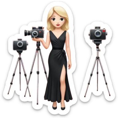 an actress standing on a red carpet with a formal dress, with a film camera next to her. sticker